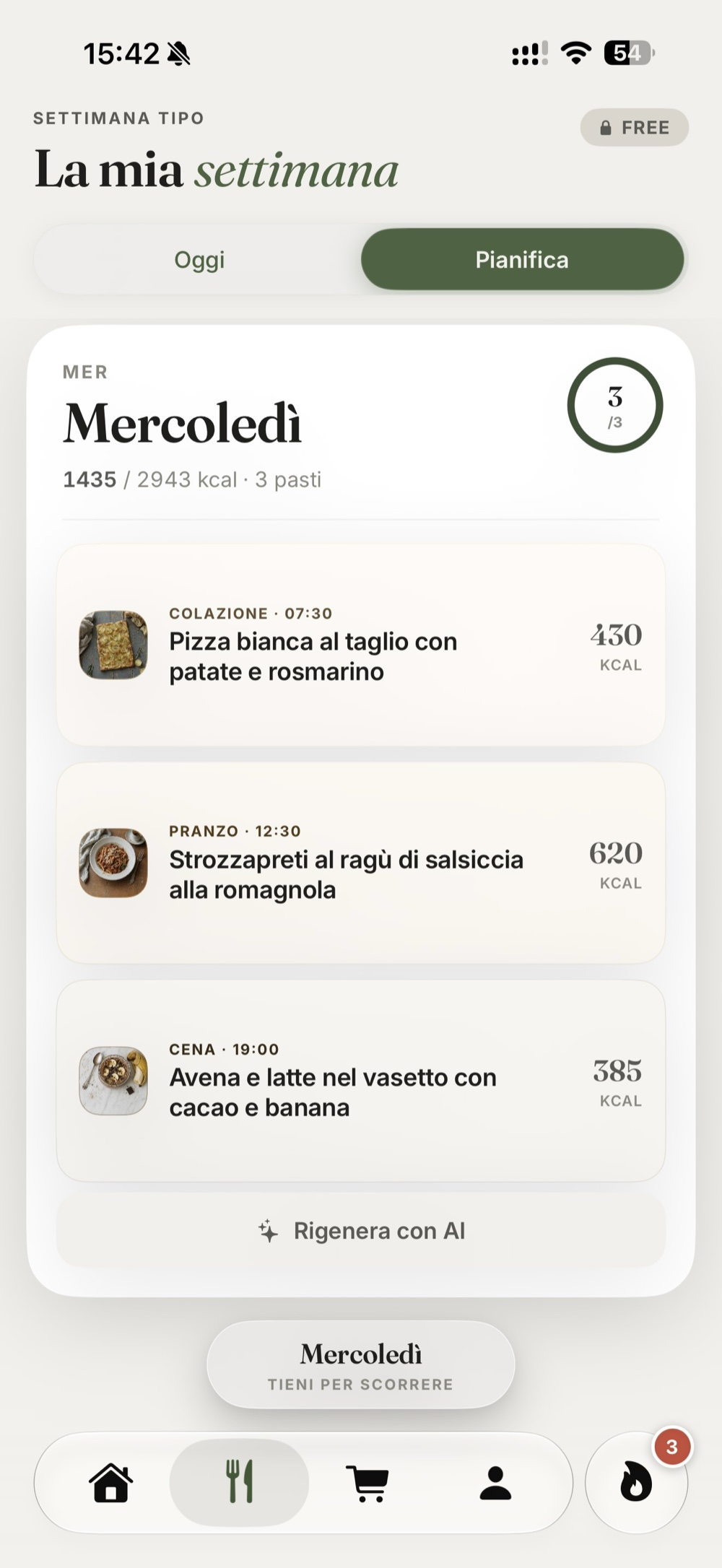 Gusto, tab Pianifica: il piano del mercoledì con tre pasti e calorie