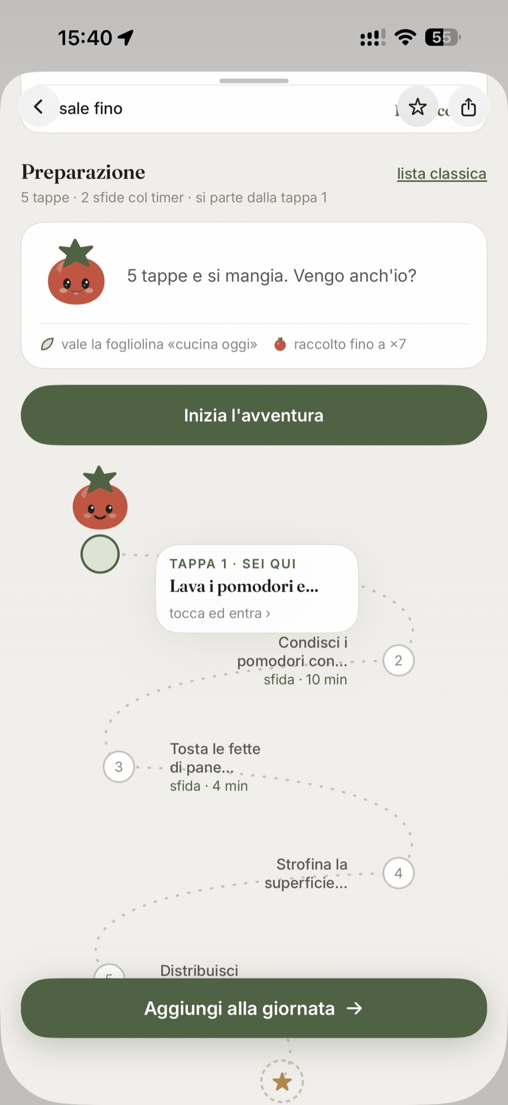 Gusto, preparazione a tappe di una ricetta con percorso e sfide