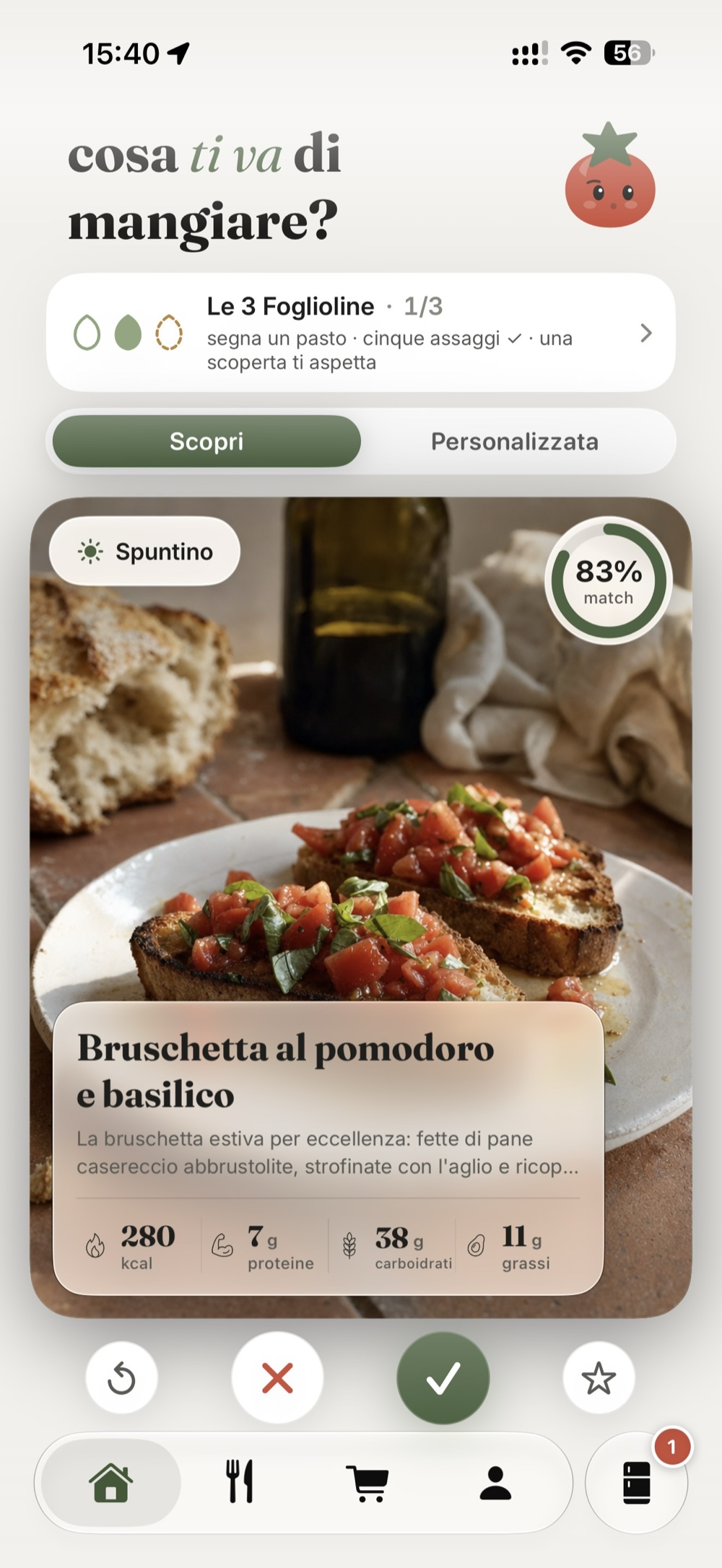 Gusto, schermata Scopri: bruschetta al pomodoro e basilico, 83% di affinità